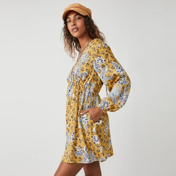 Free People Soli Mini In Golden Hour Floral Deep V-Neck Long Sleeve Dress Size L - Picture 5 of 9
